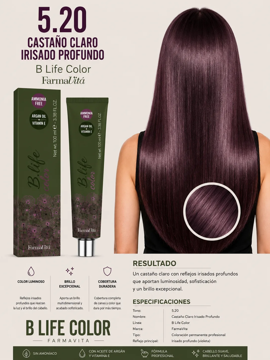 💜 Tinte B Life Color FarmaVita 5.20 – Castaño Claro Irisado Profundo