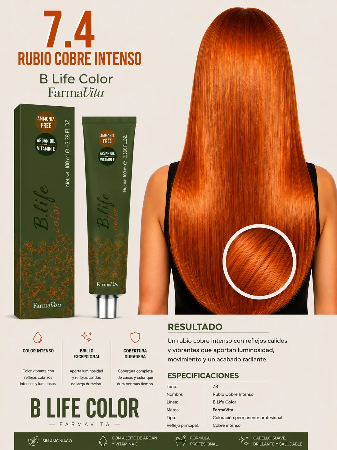 🧡 Tinte B Life Color FarmaVita 7.4 – Rubio Cobre