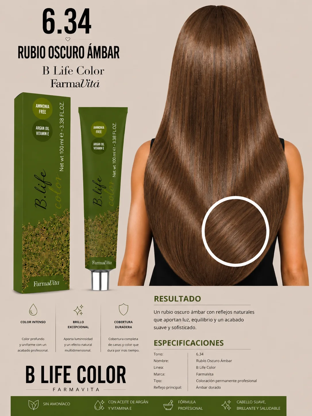 🤎✨ B Life Color Farmavita 6.34 – Rubio Oscuro Ámbar ✨