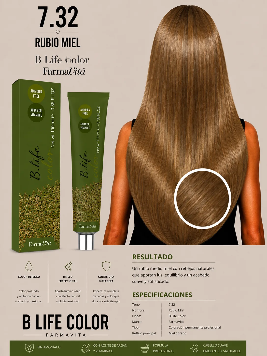 🍯✨ B Life Color Farmavita 7.32 – Rubio Medio Miel ✨