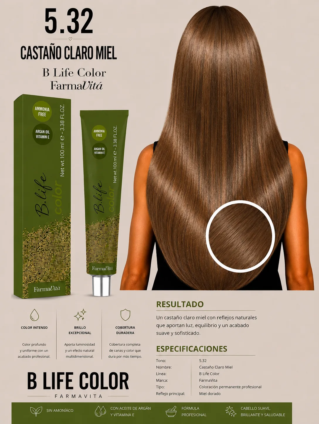 🍯✨ B Life Color Farmavita 5.32 – Castaño Claro Miel ✨