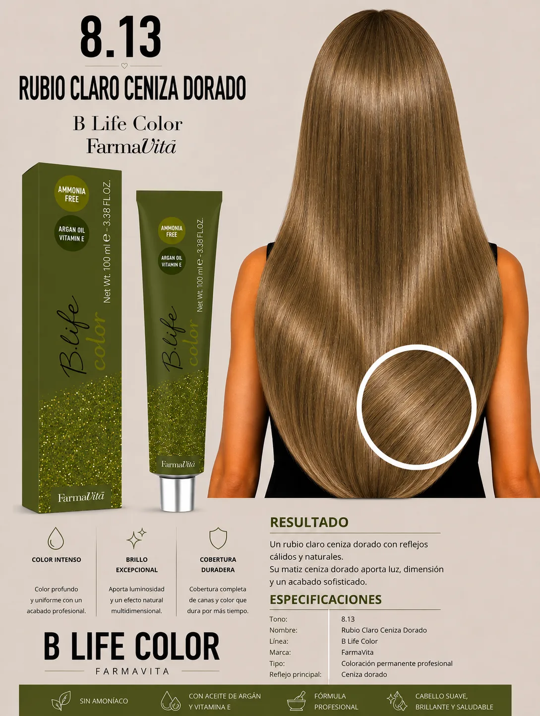 ✨ Tinte B Life Color FarmaVita 8.13 – Rubio Claro Ceniza Dorado ✨