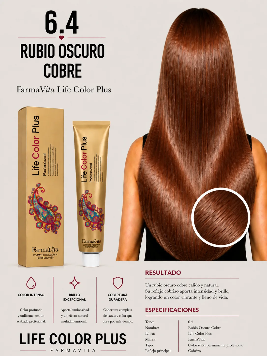 Tintura Farmavita Life Color Plus 7.4 Rubio Medio Cobrizo Profesional