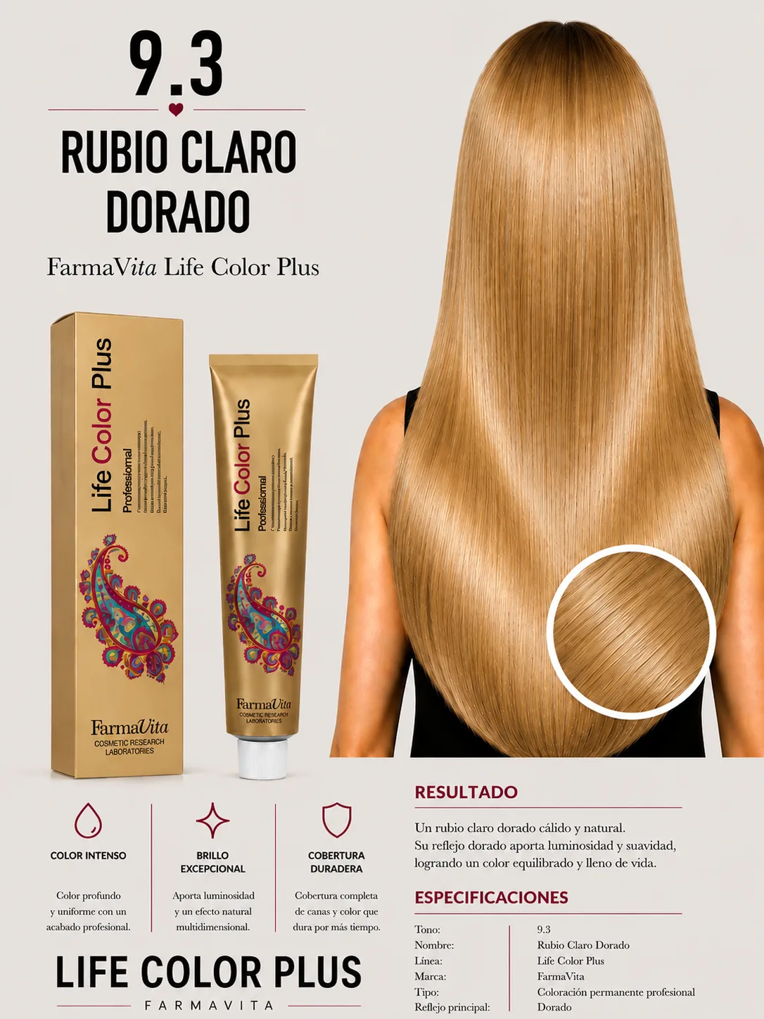 FarmaVita Life Color Plus 9.3 Rubio Claro Dorado | Tintura Profesional
