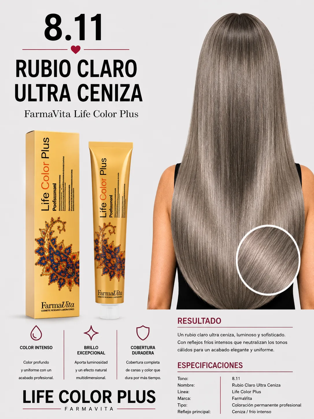 Tintura FarmaVita Life Color Plus 8.11 Rubio Claro Ultra Ceniza Profesional