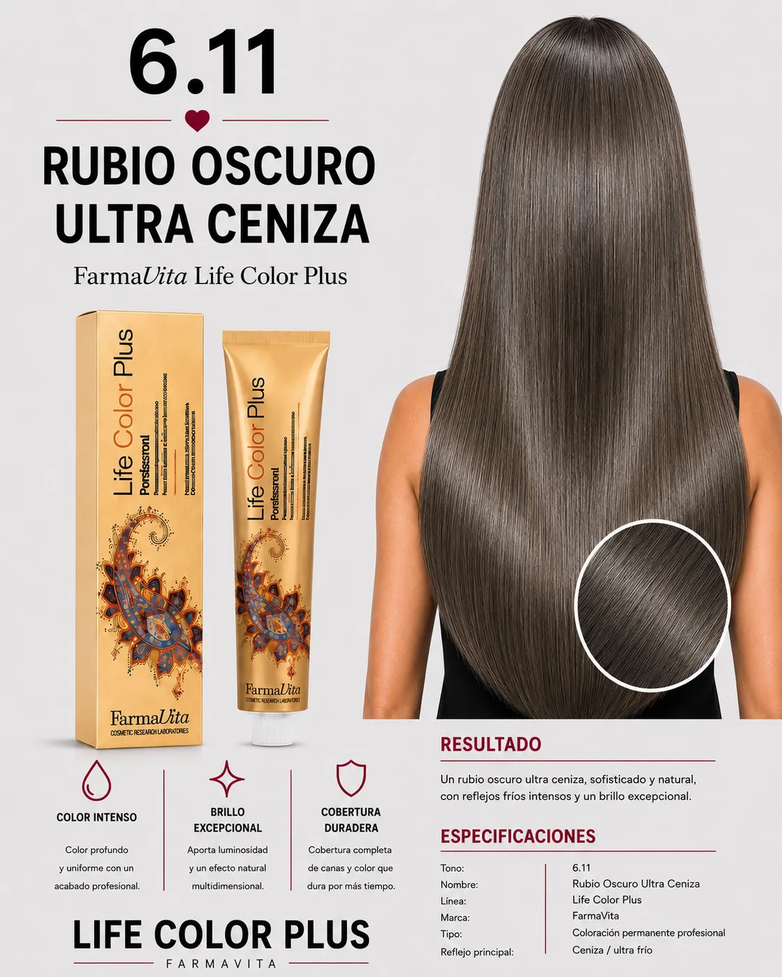 Farmavita Life Color Plus 6.11 Rubio Oscuro Ultra Ceniza – Tintura Profesional 100 ml