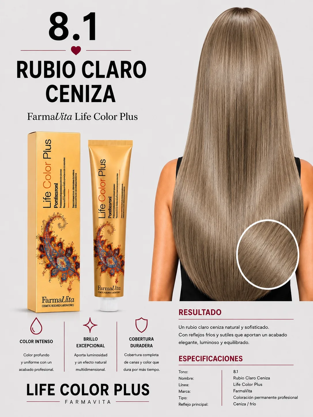 Farmavita Life Color Plus 8.1 Rubio Claro Ceniza – Tintura Profesional 100 ml