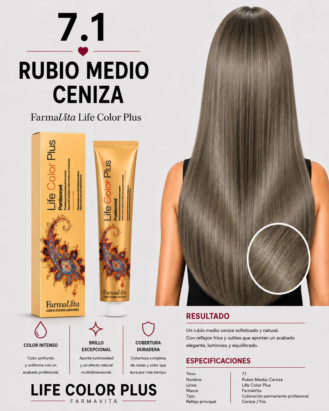 Farmavita Life Color Plus 7.1 Rubio Medio Ceniza – Tintura Profesional 100 ml
