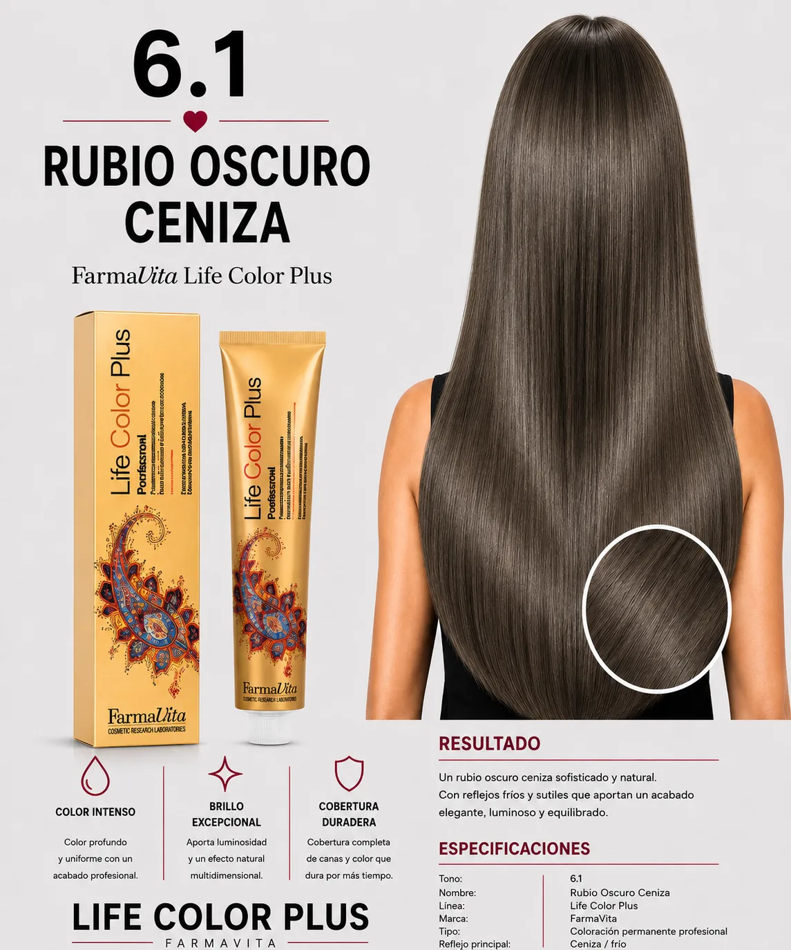 Farmavita Life Color Plus 6.1 Rubio Oscuro Ceniza – Tintura Profesional 100 ml