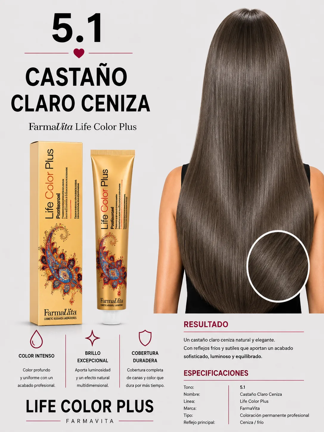 Farmavita Life Color Plus 5.1 Castaño Claro Ceniza – Tintura Profesional 100 ml