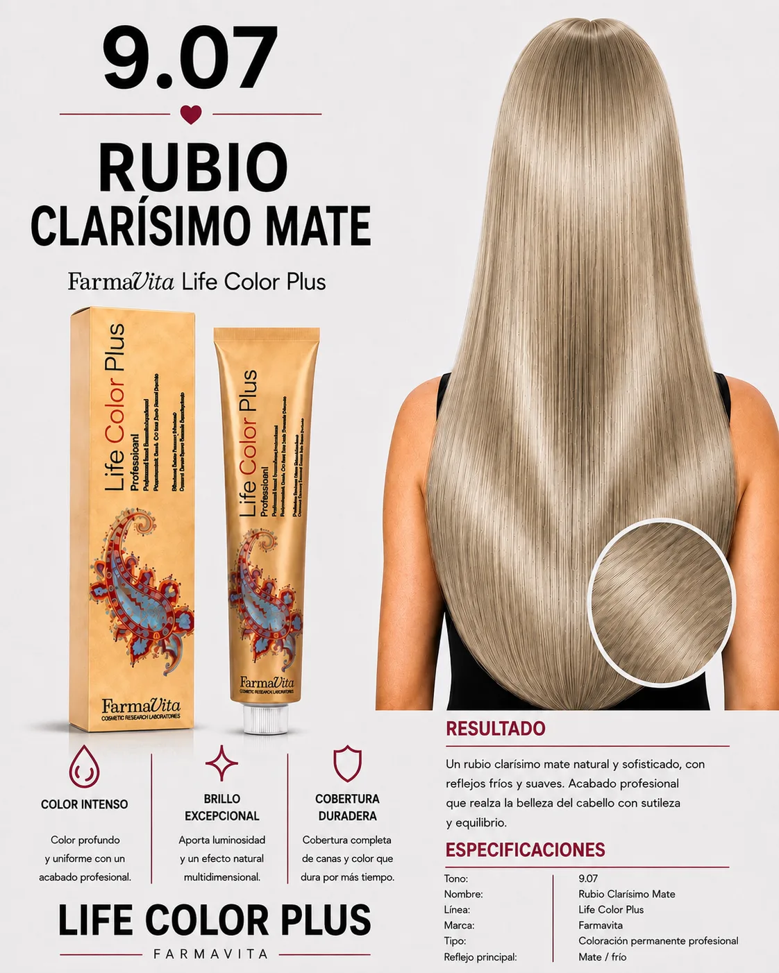 Farmavita Life Color Plus 9.07 Rubio Clarísimo Mate – Tintura Profesional 100 ml