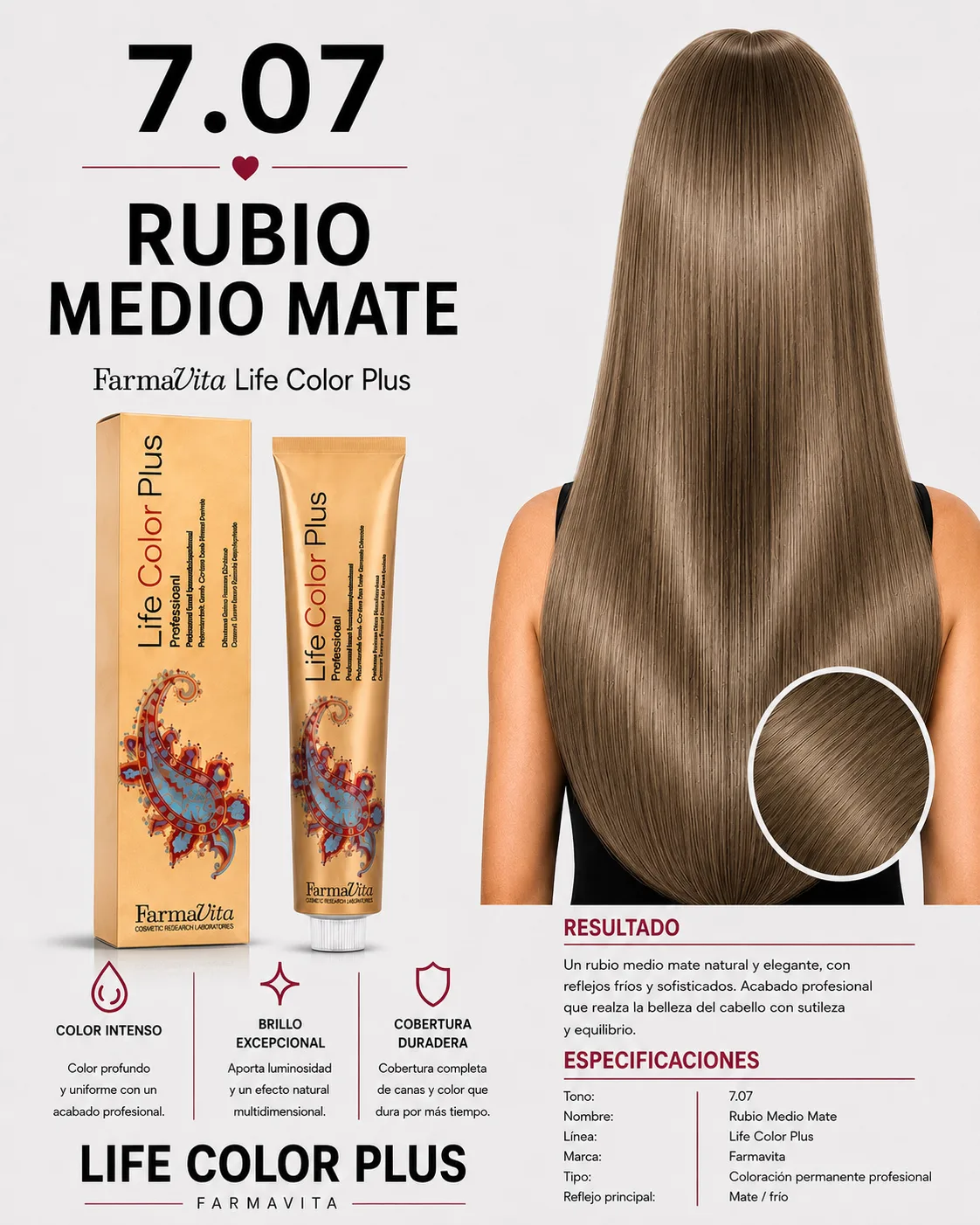 Farmavita Life Color Plus 7.07 Rubio Medio Mate – Tintura Profesional 100 ml
