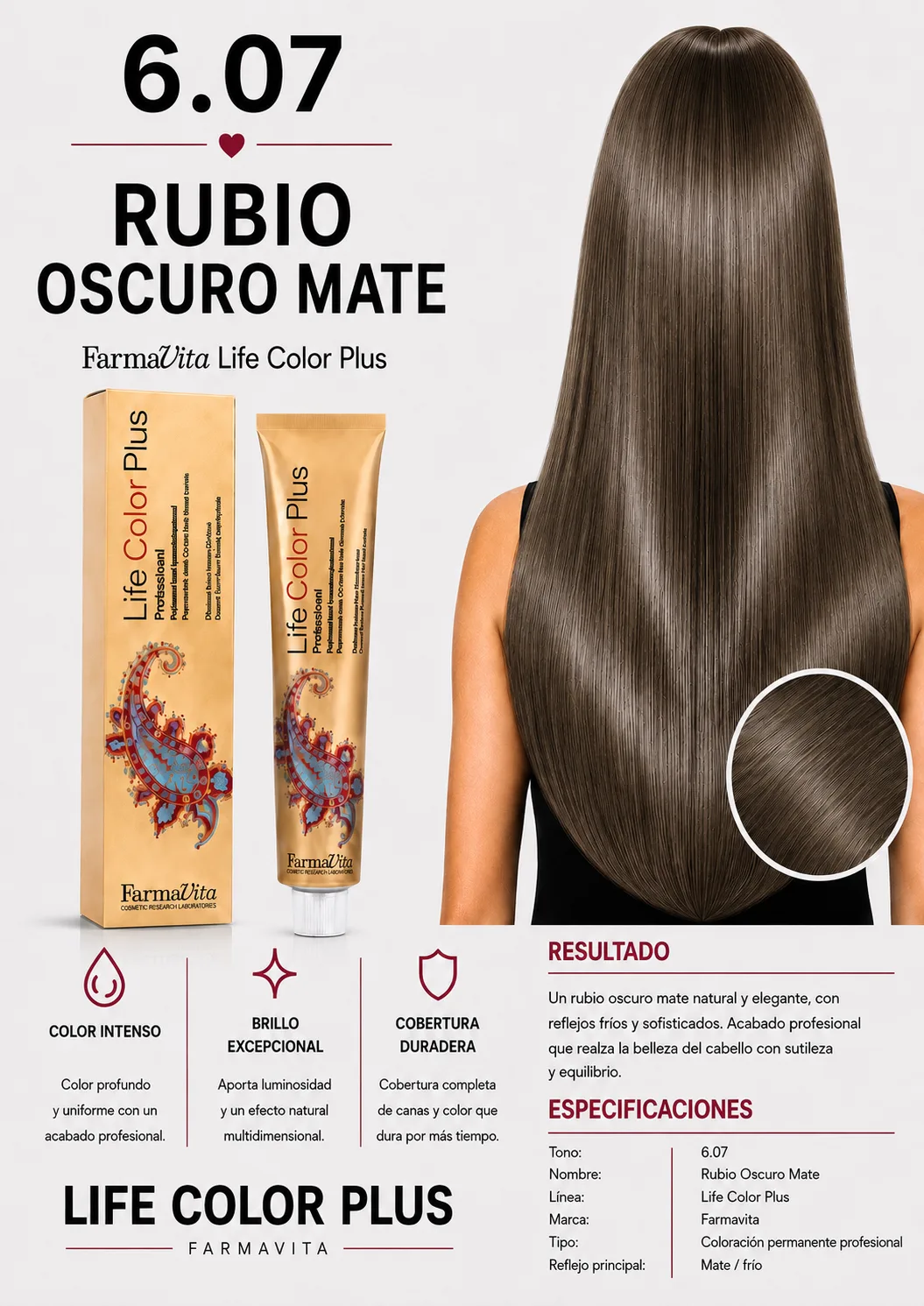 Farmavita Life Color Plus 6.07 Rubio Oscuro Mate – Tintura Profesional 100 ml