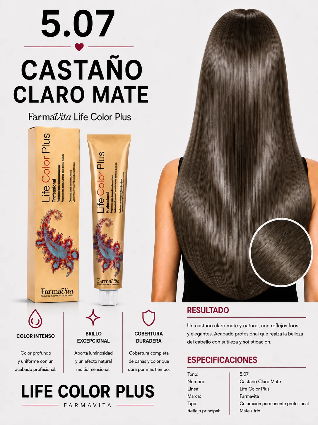 Farmavita Life Color Plus 5.07 Castaño Claro Mate – Tintura Profesional 100 ml