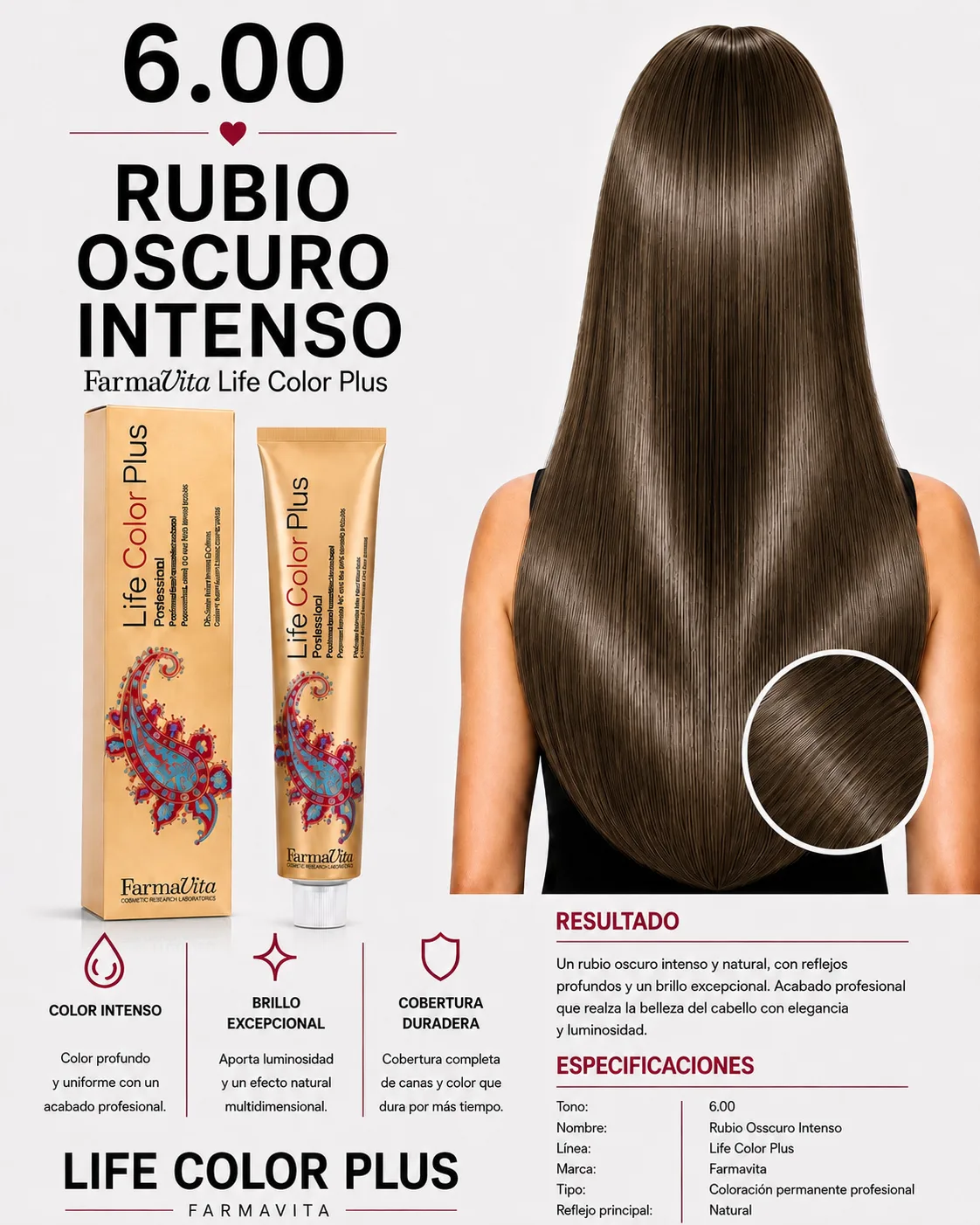 Farmavita Life Color Plus 6.00 Rubio Oscuro Intenso – Tintura Profesional 100 ml