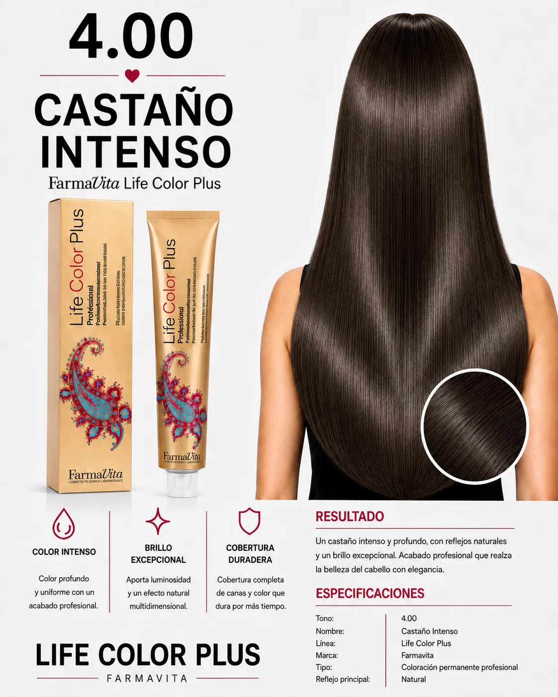 Farmavita Life Color Plus 4.00 Castaño Intenso – Tintura Profesional 100 ml