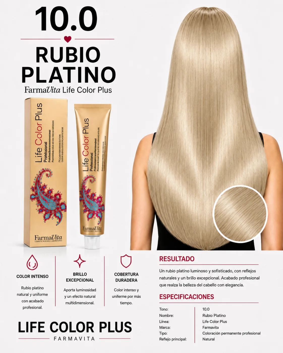 Farmavita Life Color Plus 10.0 Rubio Platino – Tintura Profesional 100 ml