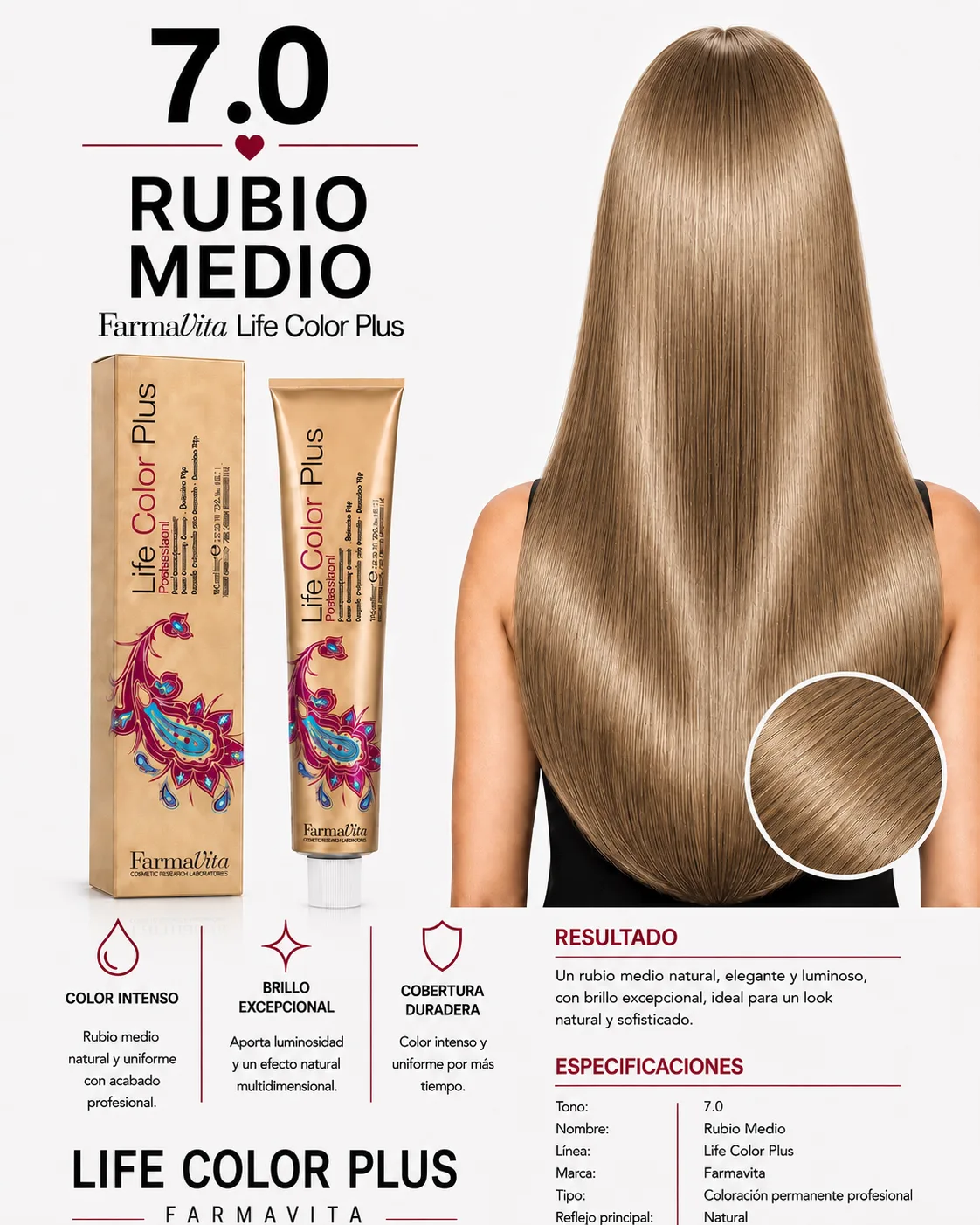 Farmavita Life Color Plus 7.0 Rubio Medio – Tintura Profesional 100 ml