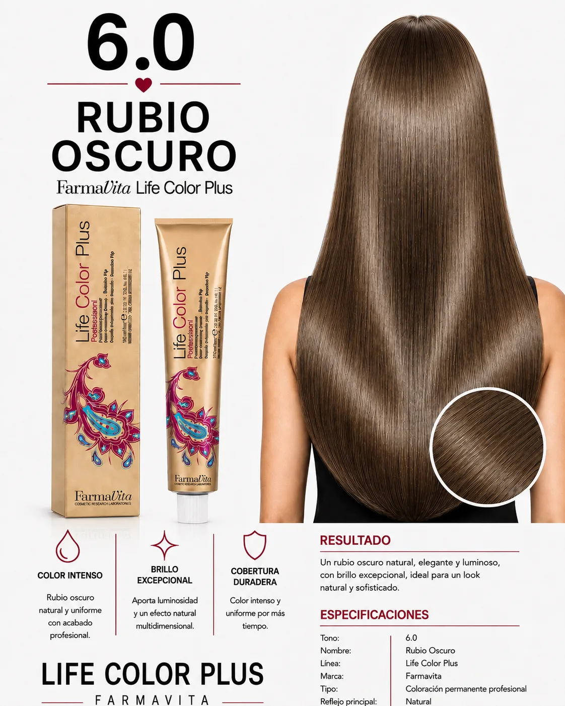 Farmavita Life Color Plus 6.0 Rubio Oscuro – Tintura Profesional 100 ml