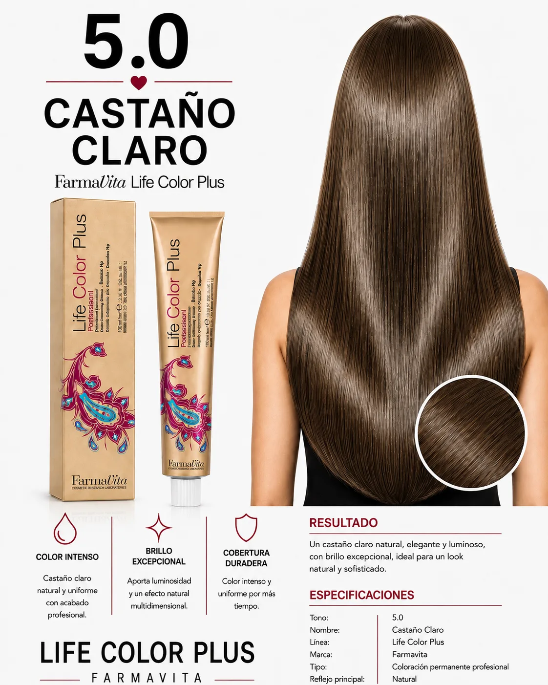 Farmavita Life Color Plus 5.0 Castaño Claro – Tintura Profesional 100 ml