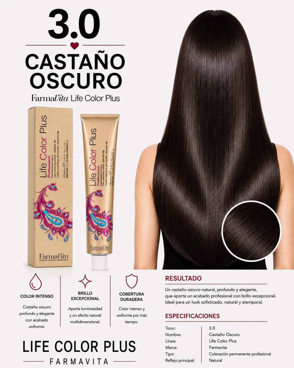 Farmavita Life Color Plus 3.0 Castaño Oscuro – Tintura Profesional 100 ml