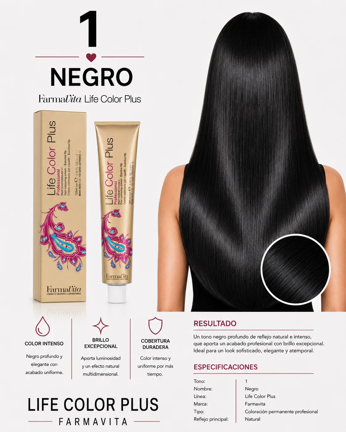 Farmavita Life Color Plus Tono 1 Negro – Tintura Profesional 100 ml