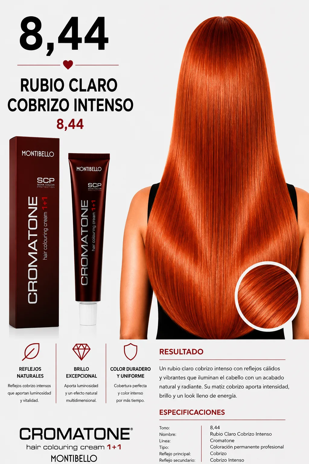 Cromatone Montibello 8,44 – Rubio Claro Cobrizo Intenso 🧡✨