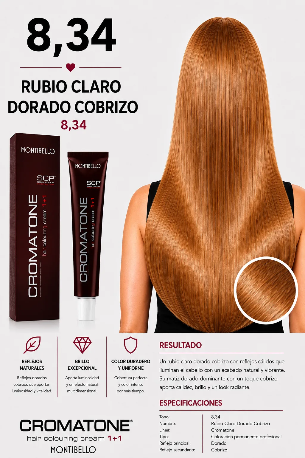 Cromatone Montibello 8,34 – Rubio Claro Dorado Cobrizo ✨