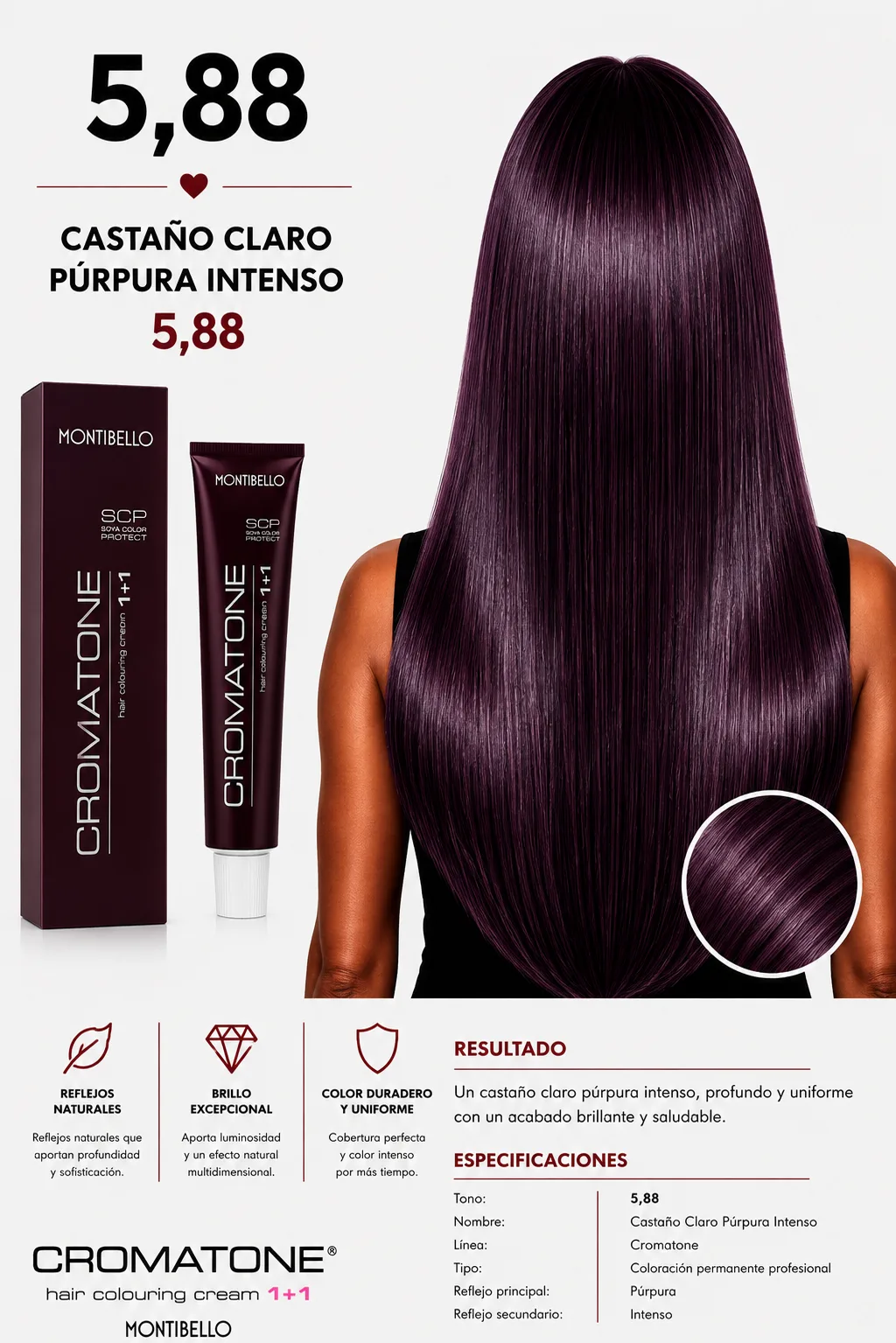Tintura Cromatone 5.88 Castaño Claro Púrpura Intenso Montibello – Coloración Permanente Profesional 60 ml
