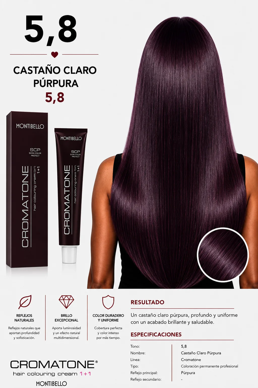 Tintura Cromatone Montibello 5.8 Castaño Claro Púrpura | Coloración Profesional Permanente