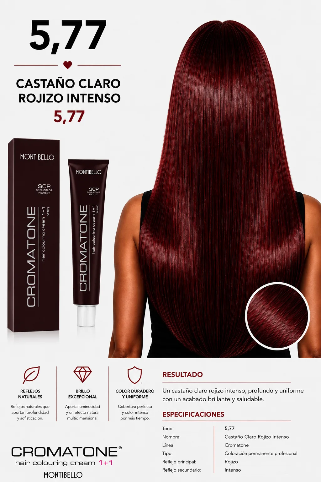 Tintura Cromatone Montibello 5.77 Castaño Claro Rojizo Intenso | Coloración Profesional Permanente