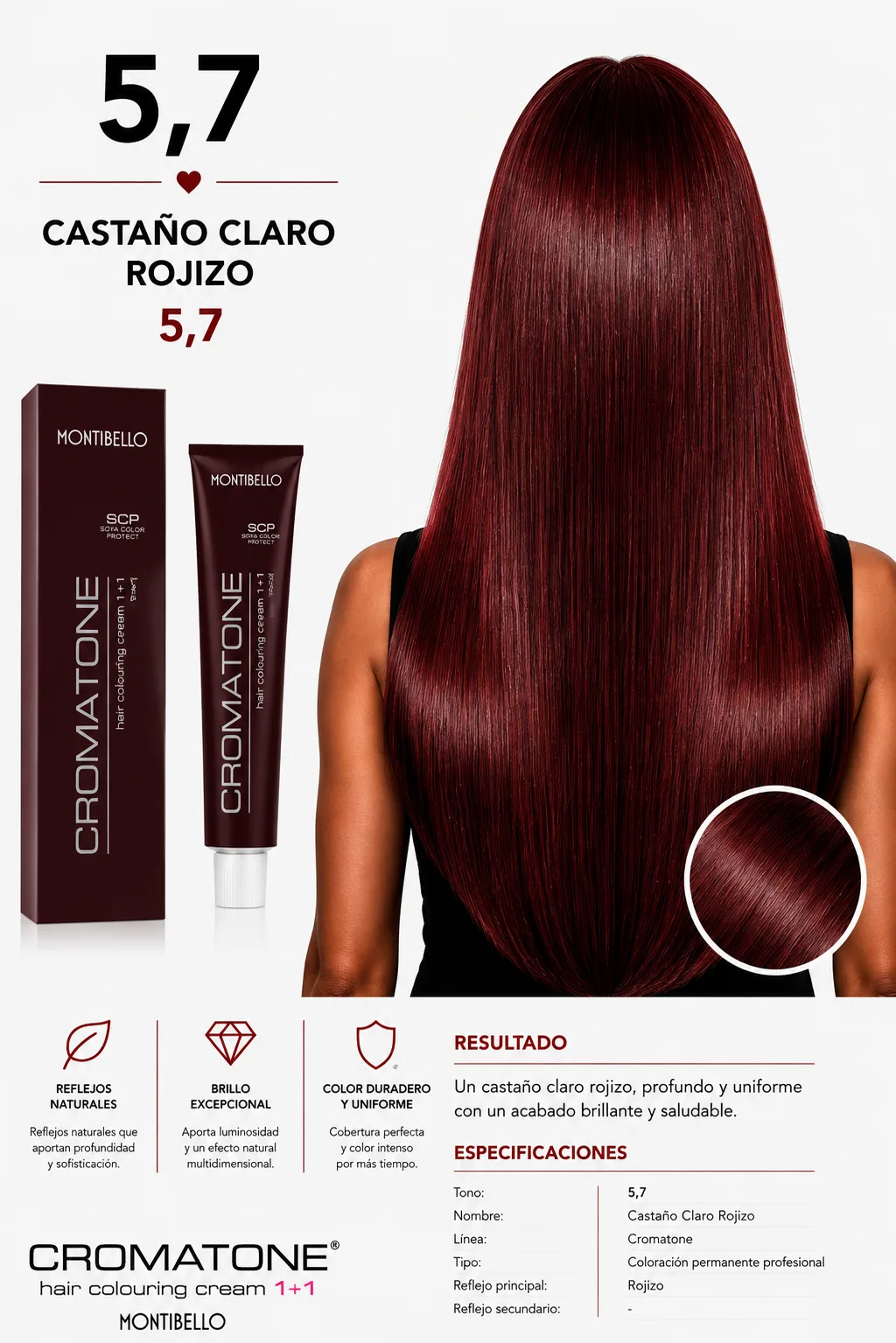 Tintura Cromatone Montibello 5.7 Castaño Claro Rojizo | Coloración Profesional Permanente