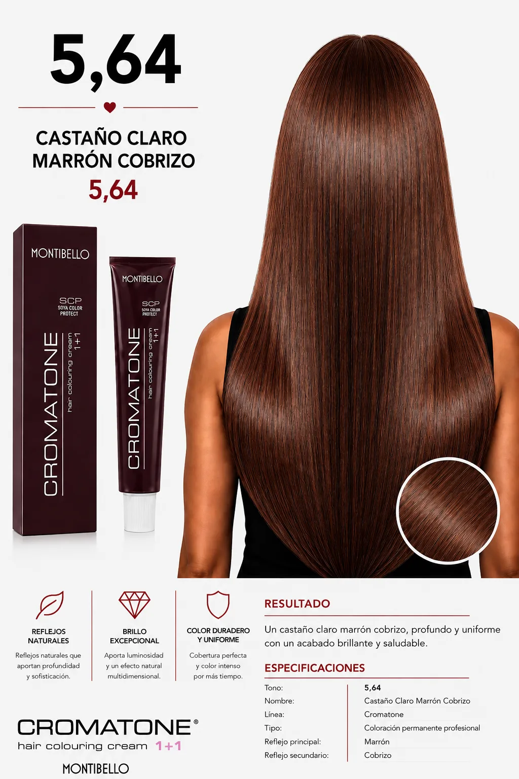 Tintura Cromatone Montibello 5.64 Castaño Claro Marrón Cobrizo | Coloración Profesional Permanente