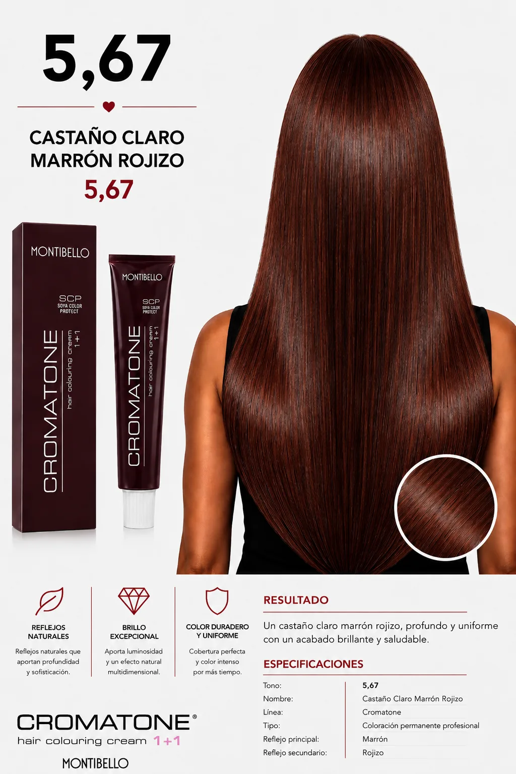 Tintura Cromatone Montibello 5.67 Castaño Claro Marrón Rojizo | Coloración Profesional Permanente