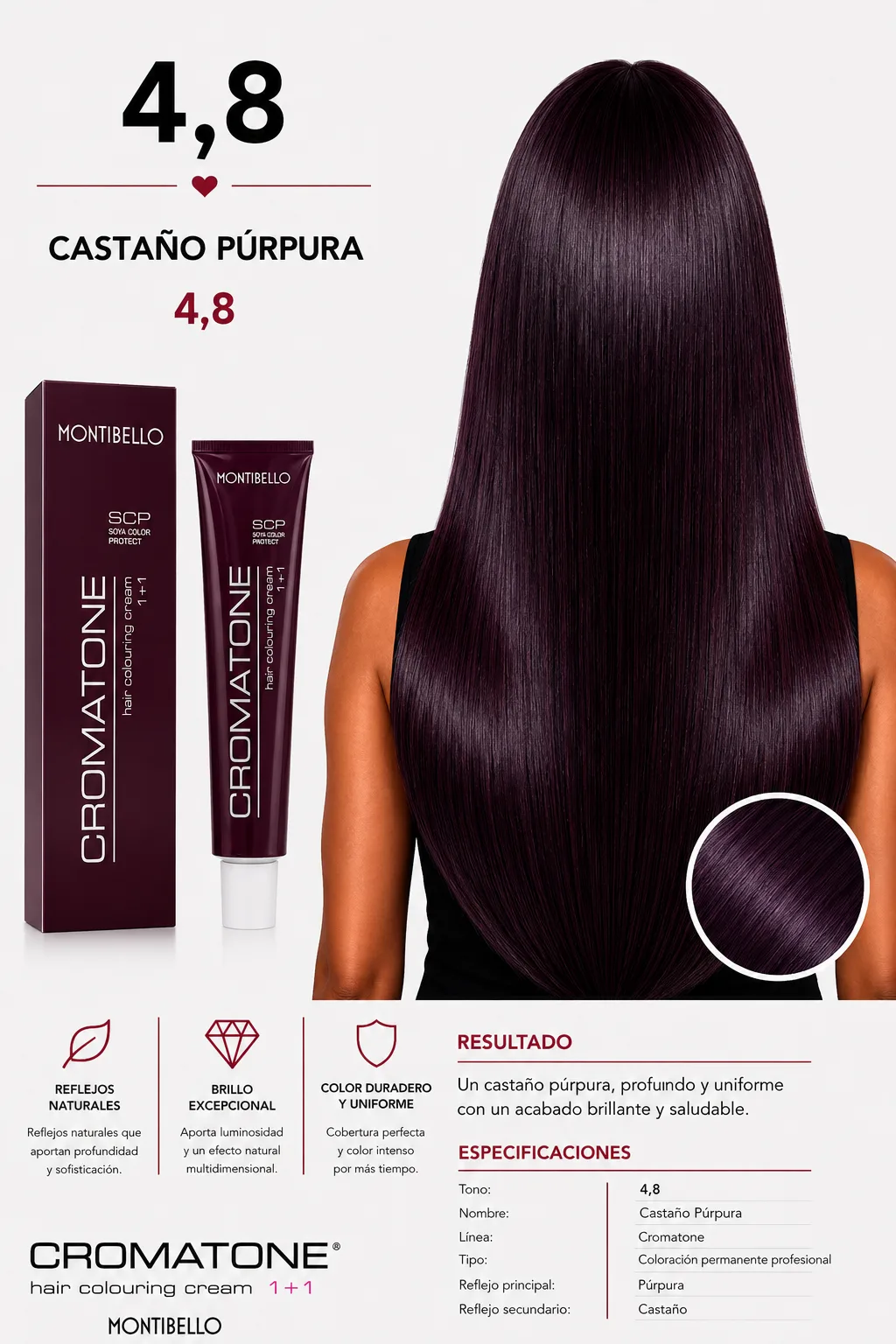 – Tintura Cromatone Montibello 4.8 Castaño Púrpura | Coloración Profesional Permanente