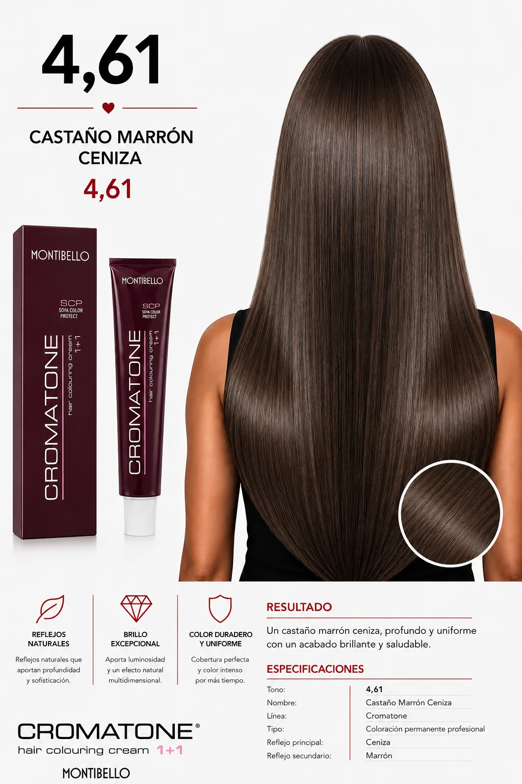Tintura Cromatone Montibello 4.61 Castaño Marrón Ceniza | Coloración Profesional Permanente