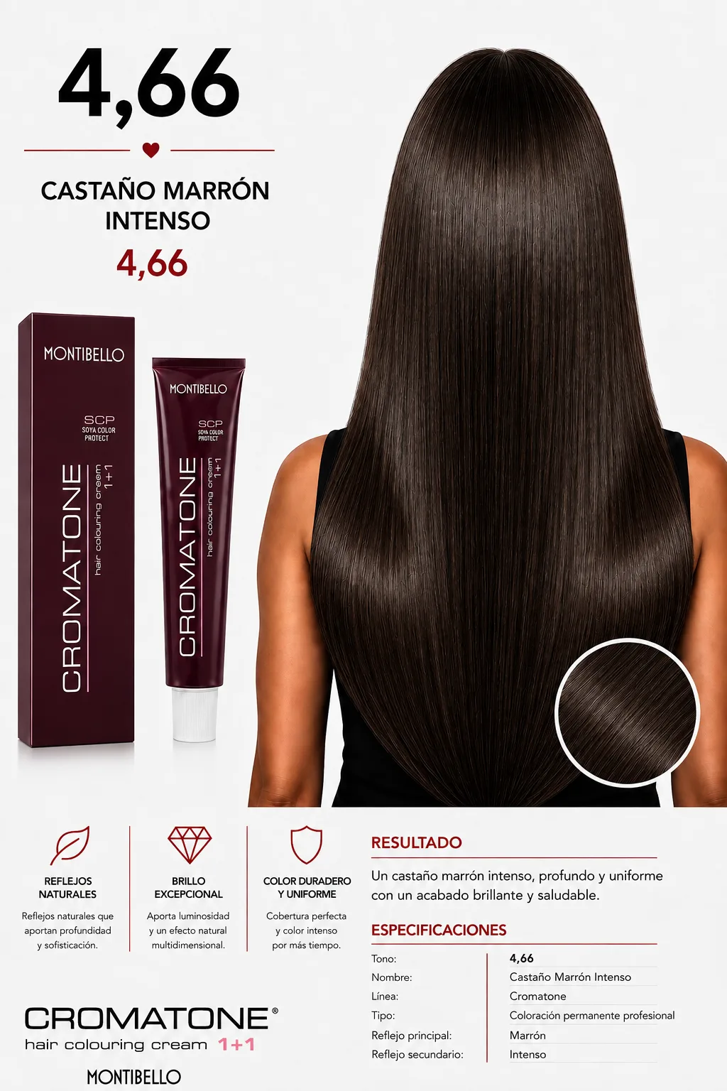 Tintura Cromatone Montibello 4.66 Castaño Marrón Intenso | Coloración Profesional Permanente