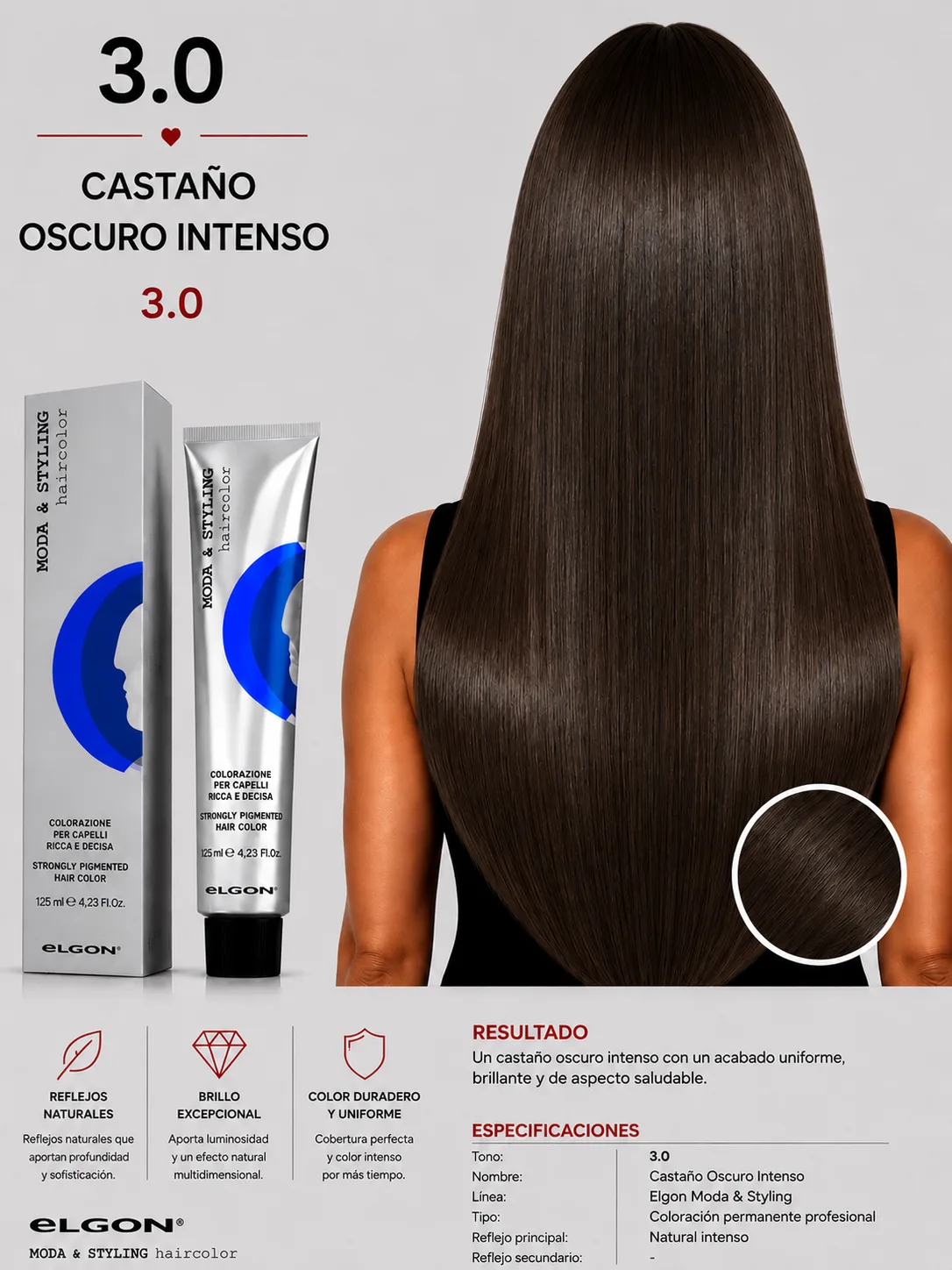 Elgon Moda & Styling 3.0 Castaño Oscuro | Tintura Profesional Permanente 125 ml