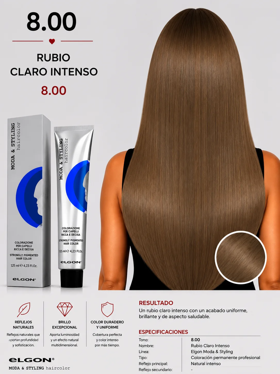 Elgon Moda & Styling 8.00 Rubio Claro Intenso | Tintura Profesional Permanente 125 ml