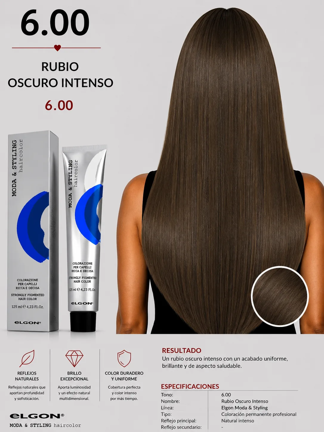 Elgon Moda & Styling 6.00 Rubio Oscuro Intenso | Tintura Profesional Permanente 125 ml