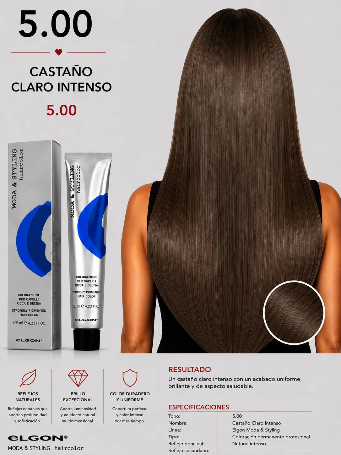 Elgon Moda & Styling 5.00 Castaño Claro Intenso | Tintura Profesional Permanente 125 ml