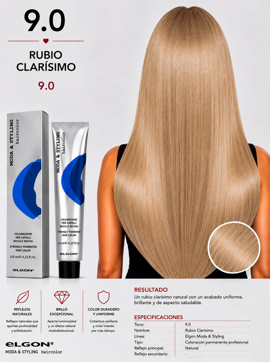 Elgon Moda & Styling 9.0 Rubio Clarísimo | Tintura Profesional Permanente 125 ml