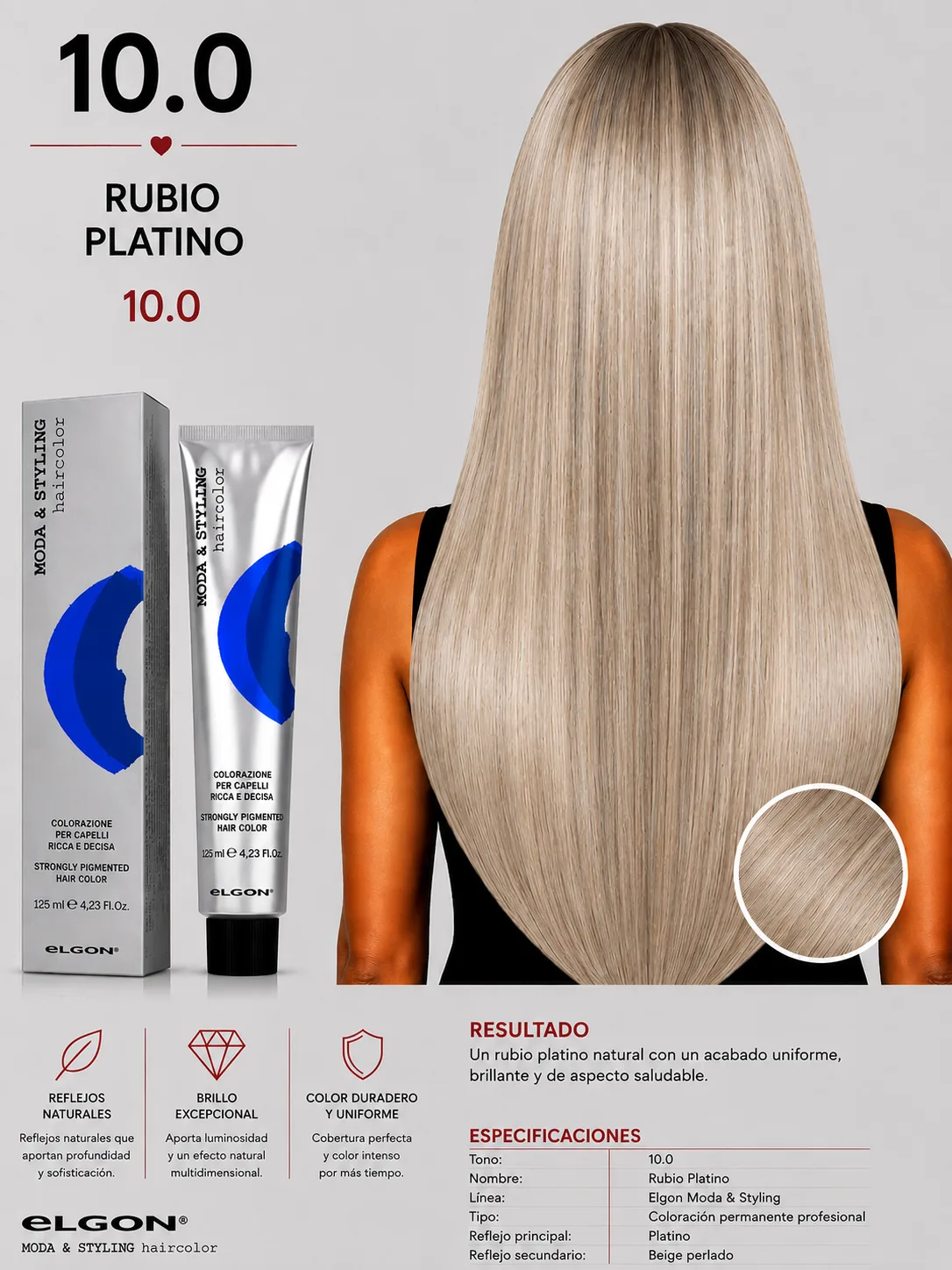 Elgon Moda & Styling 10.0 Rubio Platino | Tintura Profesional Permanente 125 ml