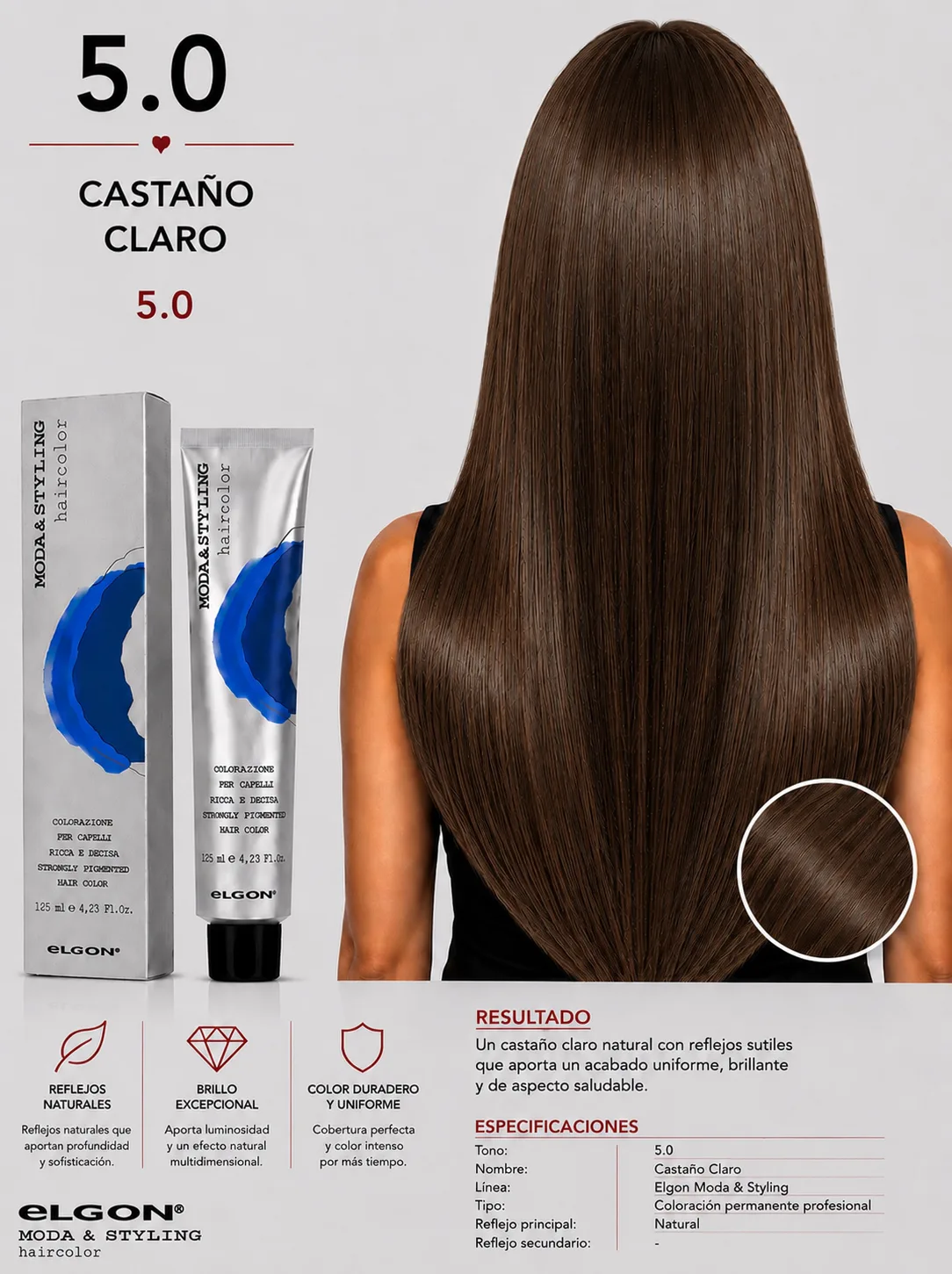 Elgon Moda & Styling 5.0 Castaño Claro | Tintura Profesional Permanente 125 ml