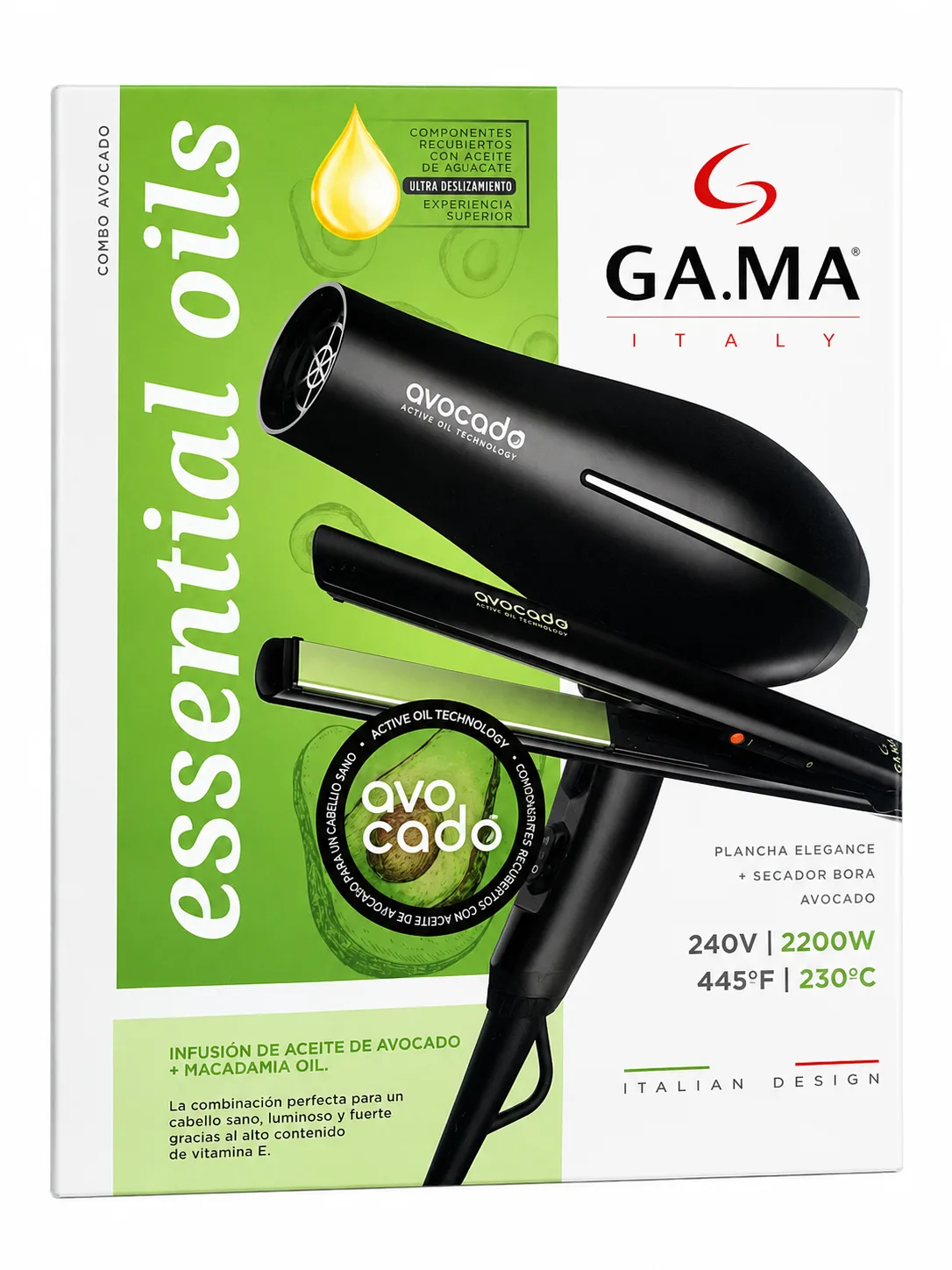 Kit Secador y Plancha de Pelo GAMA Italy Essential Oils Avocado