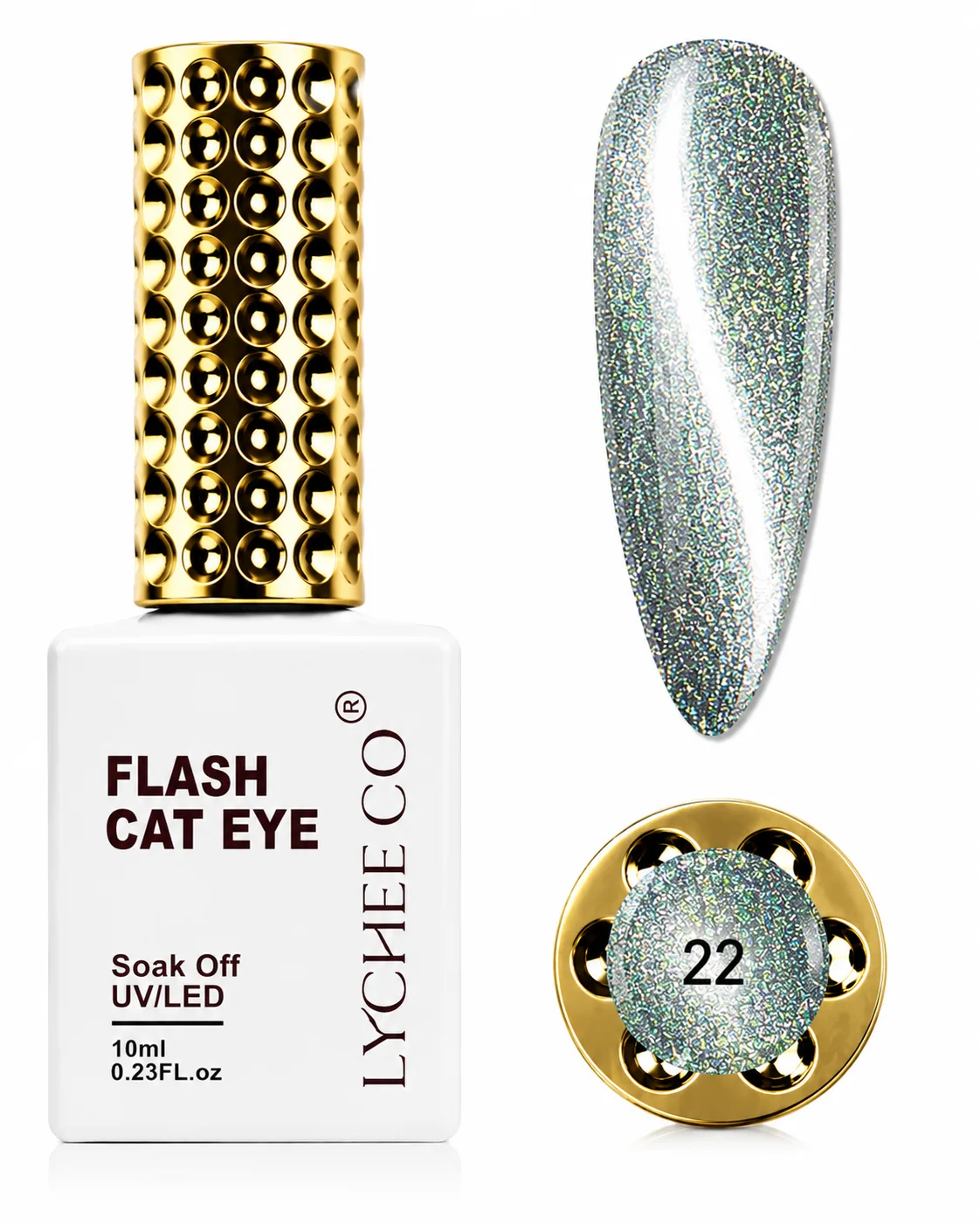 Flash Cat Eye LYCHEECO N°22 – Plata Holográfico con Destellos Verdes
